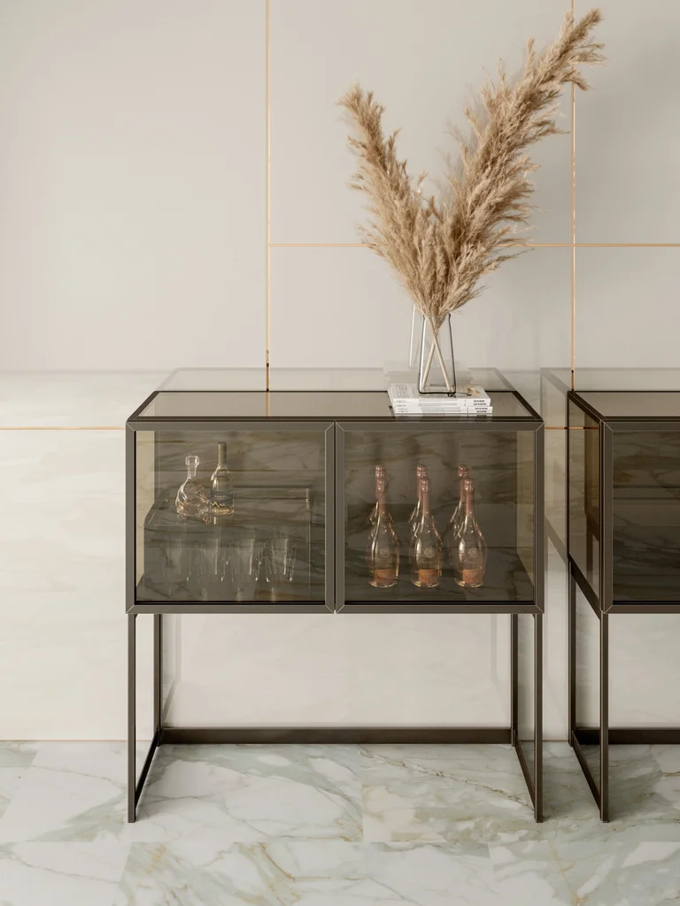 Bar vitrina Elvis 120 cm sa vratima od providnog bronzanog stakla i metalnim ramom u boji tamnog mesinga – Bontempi Casa, Ivex Mobili
