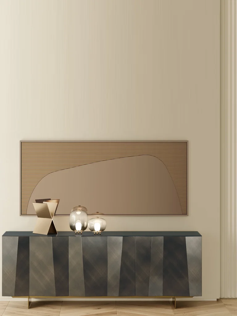 Pravougaono ogledalo Impero 190 × 85 cm u bronzanoj završnici sa rebrastim staklom, okačeno vodoravno iznad komode – Bontempi Casa, Ivex Mobili